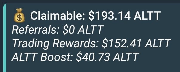 A crypto rewards dashboard showing a money bag emoji with 'Claimable: $193.14 ALTT', 'Referrals: $0 ALTT', 'Trading Rewards: $152.41 ALTT', and 'ALTT Boost: $40.73 ALTT'.