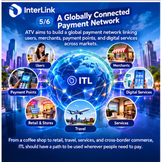A promotional infographic for 'InterLink' (ITL) titled 'A Globally Connected Payment Network 5/6', showing a globe connected to users, merchants, payment points, digital services, retail & stores, services, and travel.