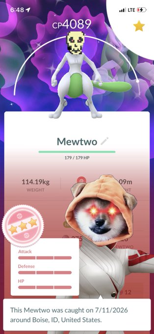A Pokémon Go screenshot of a Mewtwo (CP 4089) caught on 7/11/2026 in Boise, ID, with a Shiba Inu dog meme face edited over it with glowing red eyes.