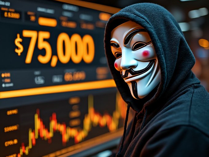 A person wearing an Anonymous mask and a dark hoodie stands in front of digital displays showing '$75,000' and a stock chart with red and yellow candlesticks.