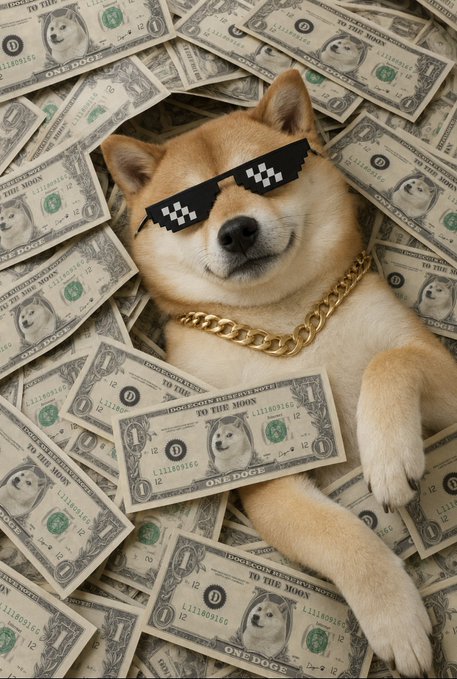 A Shiba Inu dressed in sunglasses and a gold chain, lounging on a pile of Dogecoin-themed banknotes that read "TO THE MOON" and "ONE DOGE," visually represents the post's message "Dogecoin is Money."