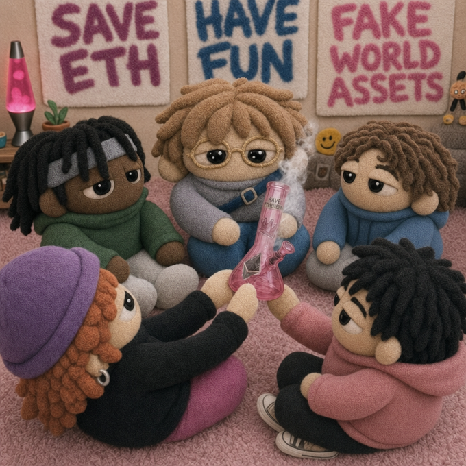A felted wool scene of five plush doll characters sitting together with a pink bong in the center, with wall signs reading 'SAVE ETH', 'HAVE FUN', and 'FAKE WORLD ASSETS'.