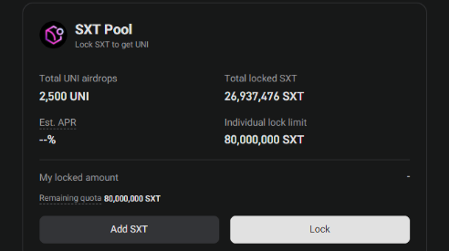 Screenshot of an SXT Pool interface showing 'Lock SXT to get UNI' with Total UNI airdrops of 2,500, Total locked SXT of 26,937,476, and buttons for 'Add SXT' and 'Lock.'