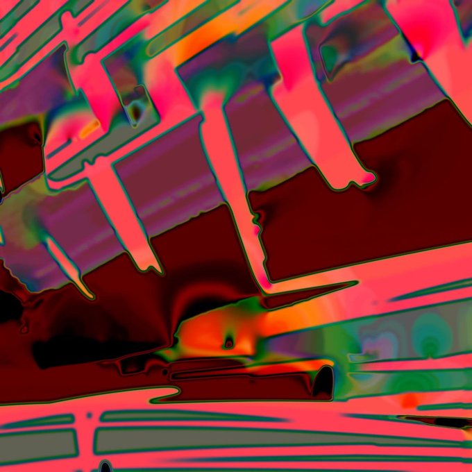 A distorted, psychedelic image with vibrant pink, green, and dark red hues, appearing as a glitched or melted version of text or shapes.