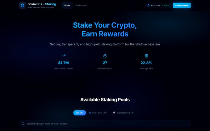 The image shows a screenshot of Shido Decks website that displays information about Staking pools. The title at the top reads "Shido Staking now secures over $1.7M in TVL on Shido Network." The main content within the screen features details such as what is currently available in the pool, user profiles, and a list of active vaults with varying earning potentials. The website also offers various short-term locking options to secure your investments.
