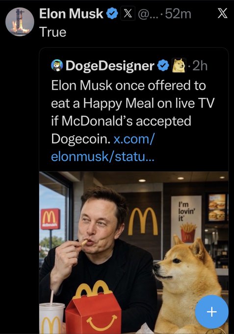 The image features a man sitting at a table with his dog, both of them eating from a box of fries. There are two cups placed next to them on the table. The caption for this image reads "Elon Musk once offered to eat a Happy Meal on live TV if McDonald's accepted Dogecoin x". This post is about a man and his dog enjoying their meal at a McDonald's, with an overlay that includes a humorous statement about the relationship between Elon Musk and Dogecoin.