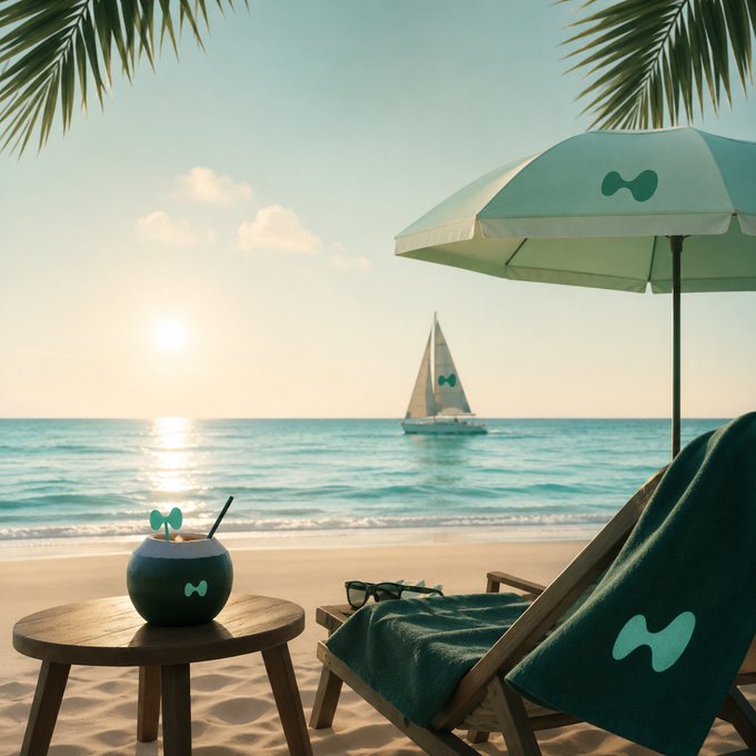 A serene beach scene at sunset featuring a sailboat on the water, with a beach chair draped in a teal towel and a coconut drink on a wooden table, all branded with a green wave-like logo.