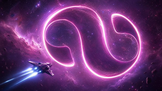 A stylized digital artwork of a glowing pink looping trail in a cosmic galaxy, with a futuristic spaceship flying toward it leaving blue engine trails.