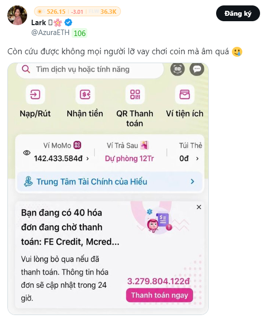 A social media post by user Lark (@AzuraETH) featuring a mobile wallet interface in Vietnamese, showing account balances (Ví MoMo: 142,433.584đ, Ví Trả Sau: Dự phòng 12Tr) and a notification about 40 unpaid bills totaling 3,279,804.122đ.