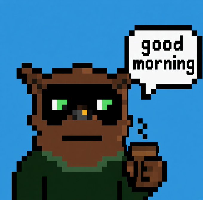 A pixel art image of a character wearing a bear hat and green sweater holding up a mug, with a speech bubble reading 'good morning' against a blue background.