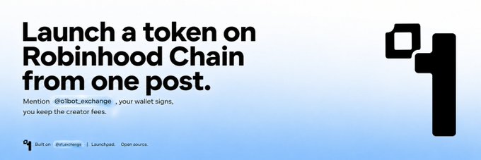 The image is a promotional banner for the lbot.exchange platform, displaying the headline "Launch a token on Robinhood Chain from one post." alongside instructions to "Mention @lbot.exchange, your wallet signs, you keep the creator fees," and links to "Built on @lunchchange | Launchpad. Open source."

The banner relates to the post by illustrating the lbot.exchange tool that enables token launches and fee generation on Robinhood Chain, with the creator fees mentioned in the image likely funding the buyback and burn initiative of the $O1BOT token referenced in the post.