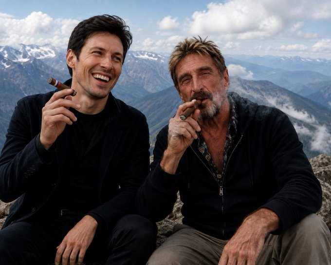 Two men sit atop a mountainous peak, both smoking cigars—one laughing joyfully while the other poses with a stoic expression. The image appears to depict John McAfee, symbolizing the comparison drawn in the post about billionaires who stood against government corruption.