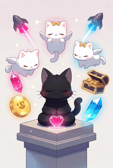 The image features a black cat sitting atop a stone tower, surrounded by an assortment of objects that are typically found in a video game or virtual trading environment like coins, gold pieces, and diamonds. The cat seems to be listening intently as if receiving instructions from a virtual character or avatar. Above the cat is a large rocket-like icon with wings flapping, while below it there's another small cartoon character wearing a bowtie flying in front of a chest filled with various items like coins and gold pieces. In addition, a blue crystal and a heart-shaped coin can be seen among these objects. The image includes the text "Just asked my cat blackcat.pie if she wanted to learn crypto trading... She said meow and knocked my screen off the desk. Turns out she's more of a ..." which implies that the cat might have been involved in an unexpected or unconventional activity, such as learning about cryptocurrency trading through the use of a cartoon character.