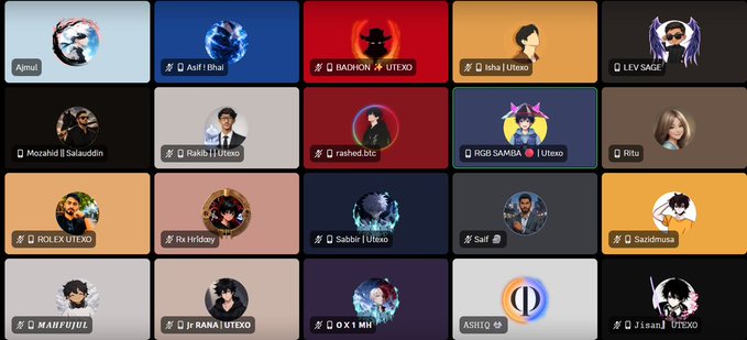 A grid display of Discord or chat profile icons with various usernames including 'Asif bhai', 'BADHON UTEXO', 'irha | Utexo', 'LEV SAGE', 'Rakib | Utexo', 'rashed btc', 'RGB SAMBA Utexo', 'Ritu', 'ROLEX UTEXO', 'rx Hridoy', 'Sabbie | Utexo', 'Saif', 'Saikdmusa', 'MAHFUJUL', 'Jr RANA | UTEXO', 'O X 1 MN', 'ASHTO', and 'Jisan UTEXO'.