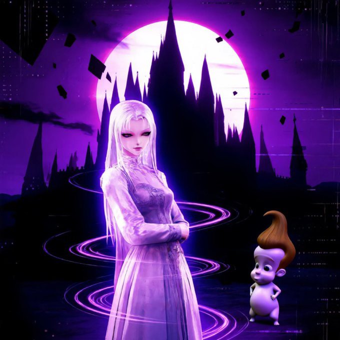 A stylized digital artwork depicts a pale woman in a long purple dress standing before a glowing full moon and a dark castle silhouette, accompanied by a small purple creature.