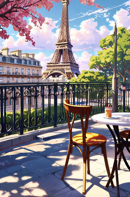 An anime-style illustration of a Parisian balcony café scene with a bistro chair and table overlooking the Eiffel Tower, framed by pink cherry blossoms.