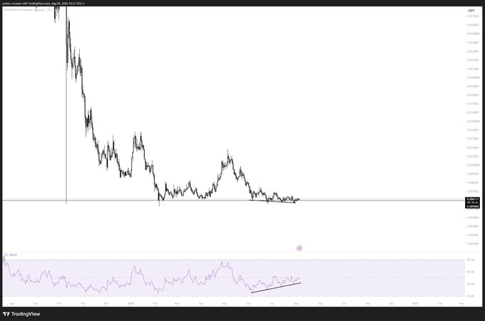 A TradingView chart shows Pengu ($PENGU) in a prolonged downtrend with price action consolidating near lows around 0.0000020, while the RSI indicator at the bottom displays a bullish divergence pattern with an upward sloping trendline forming beneath oversold levels—visually supporting the post's "pump pending" speculation.