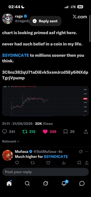 A tweet from @ragedj saying 'chart is looking primed asf right here. never had such belief in a coin in my life. $SYDINCATE to millions sooner then you think.' with an attached chart.