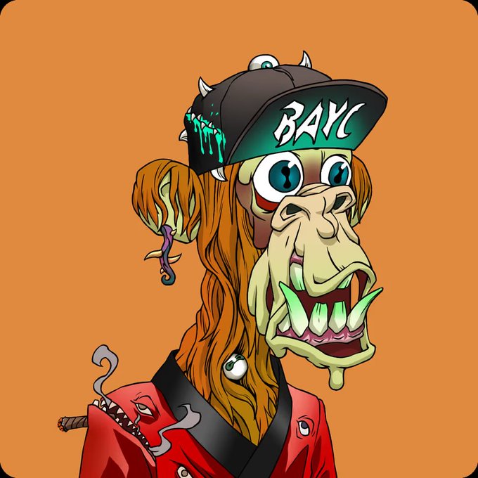 A Bored Ape Yacht Club (BAYC) NFT-style illustration of an ape wearing a black cap with 'BAYC' text and a red jacket against an orange background.