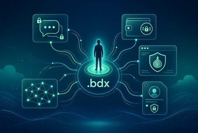 A futuristic digital illustration showing a glowing figure standing on a platform labeled '.bdx' (Beldex), connected via flowing lines to icons representing secure messaging, cryptocurrency wallet with padlock, network topology, and anonymous identity features on a dark blue background.