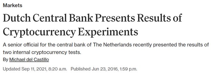 A headline from June 2016 titled "Dutch Central Bank Presents Results of Cryptocurrency Experiments" shows that De Nederlandsche Bank was exploring digital currency concepts years before their 2021 "post-2140 era" Bitcoin analysis, demonstrating their long-standing interest in cryptocurrency mechanics relevant to post-block-reward scenarios.