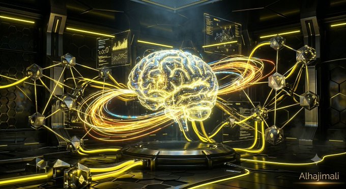 A futuristic digital art piece featuring a glowing golden brain suspended in a high-tech environment with neural network connections and data screens, credited to 'Alhajimali'.