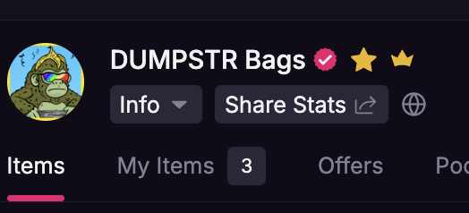 An NFT profile page for 'DUMPSTR Bags' showing a verified badge with a bored ape-style profile picture wearing a graduation cap, with tabs for Items, My Items (3), and Offers.