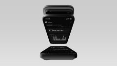 The image shows a smartphone displayed on a black stand, with the screen appearing dark and difficult to read, possibly showing a trading app interface. The accompanying post celebrates the Karma trading app reaching $3M in volume and 15,608 transactions on iOS and Google Play, highlighting the underappreciated potential of trading apps for tokenized real-world assets (RWAs).