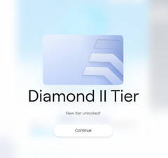 A mobile app unlock screen showing a light blue diamond icon with the text "Diamond II Tier" and "New tier unlocked!" above a "Continue" button.