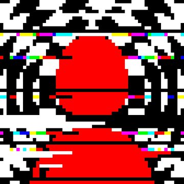 A pixelated, distorted graphic featuring a large red shape in the center surrounded by black and white horizontal bands with glitch artifacts in various colors like yellow, cyan, magenta, and green.
