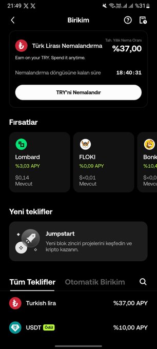 Screenshot of a cryptocurrency/staking mobile app in Turkish showing 'Birikim' (Accumulation) page with a Türk Lirası reward offer of ₺37.00 APY, alongside options like Lombard, FLOKI, and Bonk.