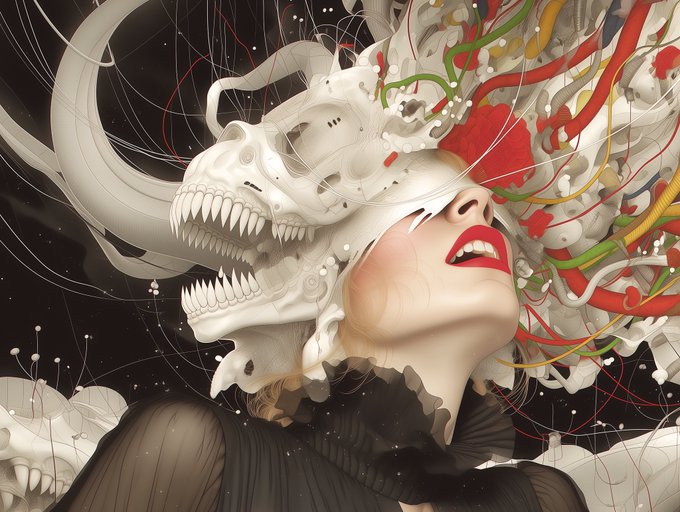 A surreal digital artwork shows a woman in black with red lipstick looking upward, her head merging into an intricate white skull-like structure with colorful cables, wires, and mechanical tendrils.
