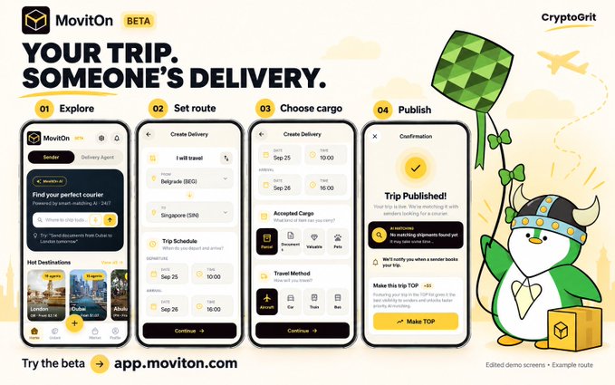 A promotional graphic for the MovitOn BETA app with the tagline "YOUR TRIP. SOMEONE'S DELIVERY." showing four app screen mockups (Explore, Set route, Choose cargo, Publish) alongside a cartoon viking penguin mascot for CryptoGrit, directing users to app.moviton.com.