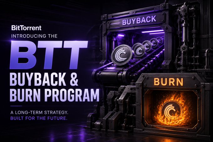 A promotional graphic for BitTorrent's "BTT Buyback & Burn Program" featuring industrial machinery labeled "BUYBACK" and "BURN," illustrating the token's long-term sustainability strategy through visual representations of the buyback process and token destruction.