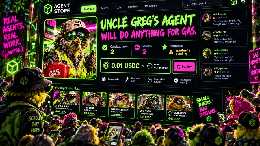 A vibrant neon-styled digital illustration of an 'Agent Store' featuring 'Uncle Greg's Agent Will Do Anything For Gas' priced at 0.01 USDC, with humorous reviews and listings for services like 'The Courier', 'Tax Bird', and 'Bug Fixer'.