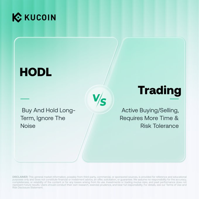 A KuCoin-branded infographic contrasting two cryptocurrency investment strategies—HODL (described as a long-term buy-and-hold approach that ignores market noise) versus active Trading (requiring more time and risk tolerance)—with a "vs" symbol between the two panels and a disclaimer at the bottom.