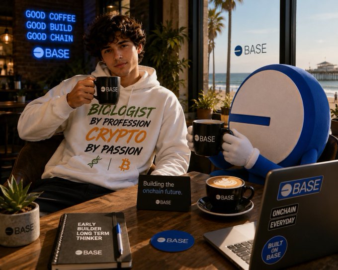 A promotional image featuring a young man in a white 'Biologist by Profession Crypto by Passion' hoodie holding a 'BASE' branded coffee mug, sitting at a table covered with BASE-branded merchandise, sitting next to a large BASE mascot character with the ocean and pier visible through the window behind them.
