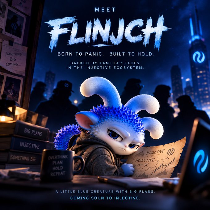 A promotional image introducing "FLINJCH," a small blue spiky cartoon creature with rabbit-like ears and a focused expression, reading notes labeled "INJECTIVE" while sitting at a cluttered desk featuring books titled "BIG PLANS," "INJECTIVE," and "SOMETHING BIG," alongside a mug reading "OVERTHINK PLAN HOLD REPEAT." The tagline "MEET FLINJCH — BORN TO PANIC. BUILT TO HOLD" appears at the top, with "BACKED BY FAMILIAR FACES IN THE INJECTIVE ECOSYSTEM" and "COMING SOON TO INJECTIVE" reinforcing the Injective ecosystem teaser.