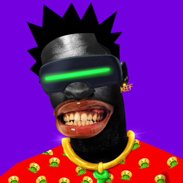 A stylized digital artwork featuring a dark-skinned figure with spiky hair, a green glowing visor, exaggerated lips showing teeth, and a red shirt patterned with smiley faces against a purple background, with 'MGF' visible on the side.