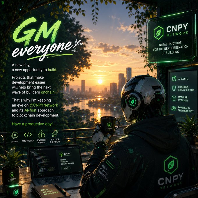 A promotional graphic for CNPY Network with 'GM everyone' text, featuring a futuristic robot holding a coffee mug overlooking a city skyline, advertising blockchain infrastructure and AI agents.