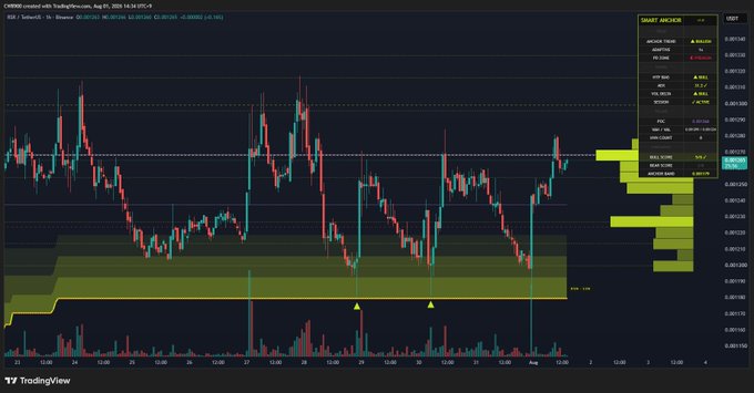 This TradingView chart shows the $RSR cryptocurrency price action with a highlighted support line, indicating its recent resilience. The chart depicts trading volume and analysis indicators like "SMART ANCHOR" and "BULL SCORE."