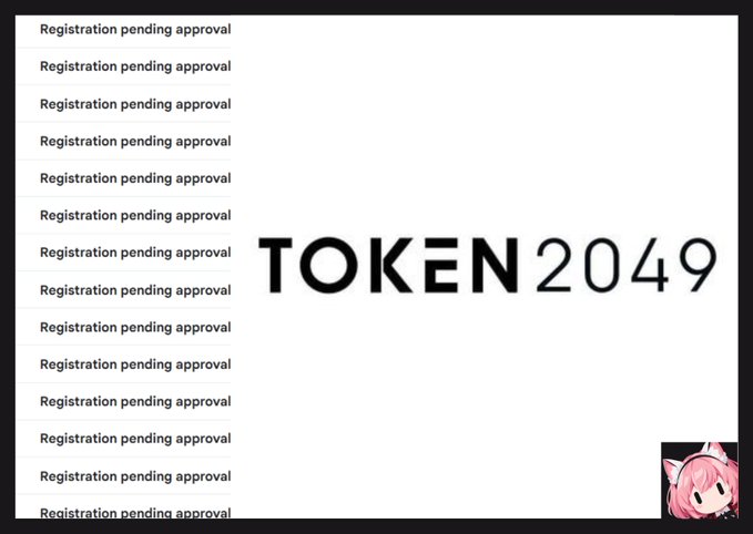A list of repeated "Registration pending approval" notifications fills the inbox, flooding the screen next to the "TOKEN 2049" logo and a pink-haired anime avatar, humorously illustrating how the event's sign-ups have completely overwhelmed their email storage.