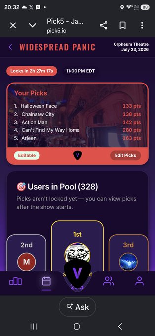 A screenshot of the pick5.io mobile app showing user picks for a "Widespread Panic" concert at Orpheum Theatre on July 23, 2026, listing songs like "Halloween Face" and "Can't Find My Way Home."