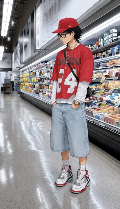 Anime-style illustration of a person in a red #24 jersey, red cap, glasses, and denim shorts standing in a supermarket aisle next to refrigerated shelves.