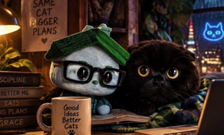 A cartoon-style image of a cat character wearing a beanie and glasses reading a book next to a black cat, accompanied by the text 'Good Ideas Better Cats' and 'SAME CAT BIGGER PLANS'.