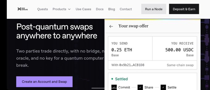 A webpage for HoudiniSwap advertising "Post-quantum swaps anywhere to anywhere" between two parties, showing a swap offer interface exchanging 0.25 ETH Base for 500.00 USDC Base with a "Settled" status.