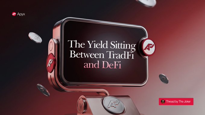 The image displays a stylized smartwatch graphic with the text "The Yield Sitting Between TradFi and DeFi" on its screen, accompanied by Apyx branding and a "Thread by The Joker" badge. The visual reinforces the post's central theme by symbolizing Digital Credit as the bridge that brings traditional preferred equity yields onto blockchain rails, sitting at the convergence of conventional finance and decentralized finance.
