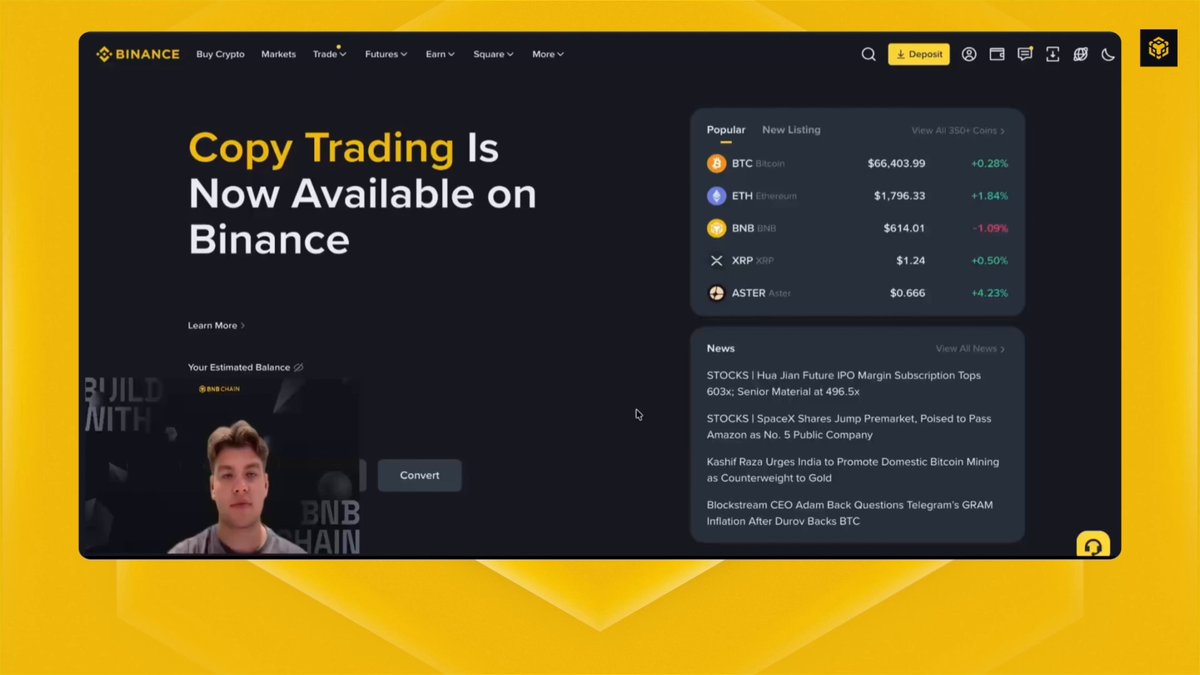 The image features a screenshot of a trade bot interface from Binance, with several charts displayed. The text at the top of the screen reads "Copy Trading IS Now Available ON Binance", indicating that users can copy trading strategies from the Bot API provided by Binance. Below this, there is a post where it says: "bStocks are fully onchain on @bnbchain Buy bStocks on binance spot from $5, or swap any token in @BinanceWallet - then trade & earn everywhere on BSC: @PancakeSwap · @Aster_DEX · @Trust Wallet · @Uniswap · @1inch · @0xProject · @elfomo_labs · @liquidmesh_io". The post encourages users to copy trading strategies from the Bot API and use them for their trade bot, while potentially earning some gains in return.