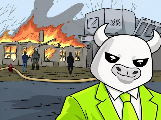 An animated bull character in a neon green suit stands confidently in the foreground while firefighters battle a raging blaze behind it, with a truck marked "38" visible amid the flames.

The image ties to the post's theme of bullish crypto sentiment—the stoic, unbothered bull represents the poster's "OG" confidence in small-cap tokens like $BULLISH (CA referenced), dismissing market caps under $1M as irrelevant during a bull market frenzy, much like ignoring the literal fire in the background.