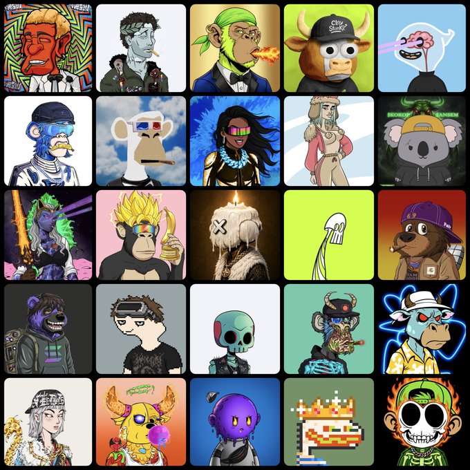 A grid of 25 stylized NFT-style digital avatars featuring various characters like monkeys, cows, skulls, and anime-inspired figures, many wearing accessories such as 3D glasses, hats, and crowns. The collection complements the "GM" (good morning) post by showcasing a diverse lineup of crypto/NFT profile pictures often associated with Web3 community greetings and grind culture.